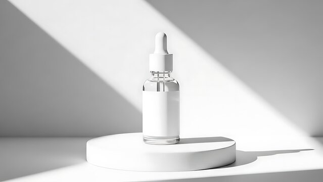 Clear glass cosmetic bottle with white label on white pedestal glass bottle dropper bottle