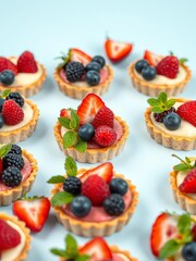 Fruity tartlets arrangement, small fruit tarts with fresh berries, vibrant and refreshing dessert options, tart,  baking