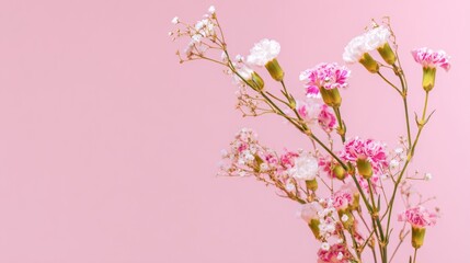 gypsophila. Delicate spring floral arrangement with gypsophila and carnations in pastel tones on a soft pink background. gardening catalogs.
