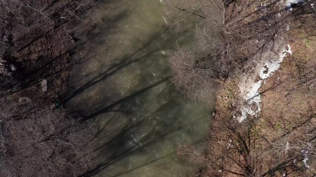 Southern Urals: the Sikasia River in the Kyzyltash natural boundary in spring. Aerial view.