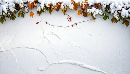 白い壁に這うツタの葉、雪・背景素材