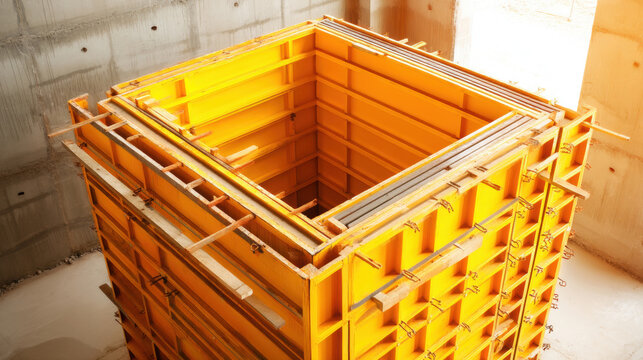 Construction site with yellow formwork for concrete pouring and building foundations. A square concrete formwork system made of bright yellow panels and wooden bracing.