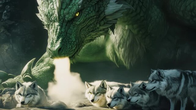 Majestic green dragon watches over a pack of wolves in a mystical forest at twilight, Realistic green dragon and pack of wolves