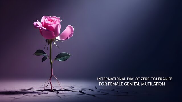 Vibrant pink rose emerges from cracked earth on International Day of Zero Tolerance for Female Genital Mutilation