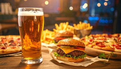 美味しそうなピザとビール・ハンバーガー、パーティー