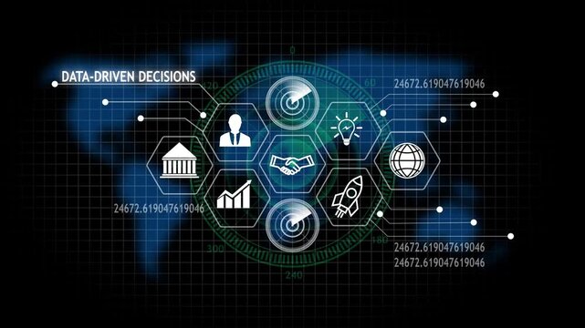 Data driven decision making abstract background with financial icons and global network connections video