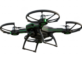 Black drone with green accents and four rotors isolated on transparent background