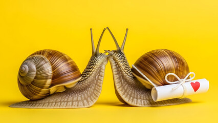Colorful Garden Snails Touching Antennae with a Tiny Love Note Scroll Attached for Snail Mail Valentine