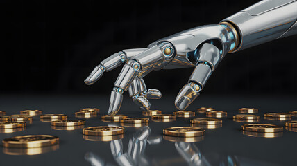 Obraz premium Robotic hand interacting with gold coins symbolizing artificial intelligence, finance, and digital economy