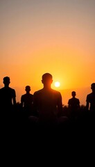 Fototapeta premium Contemplative outlines in peaceful seated postures against a soft dawn light, quiet, gentle