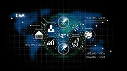 Digital abstract technology interface with financial icons and global map elements video - Powered by Adobe