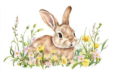 Obraz premium Watercolor painting showing a rabbit among flowers in a field during springtime with various colors and shapes of flowers surrounding the animal