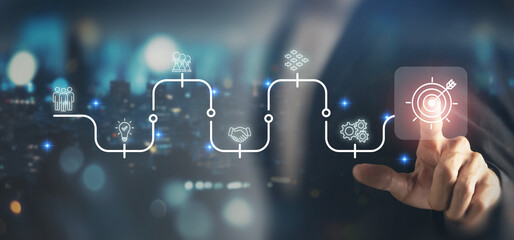 Product Idea Generation and Business Innovation Process. Pointing  target at the innovation...