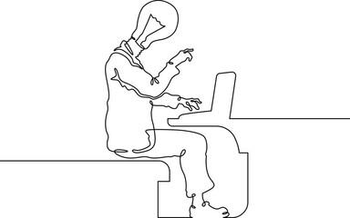 Continuous single line drawing  Man at a laptop. Head light bulb symbol of idea. Online work. Linear.One continuous line isolated minimalist illustration. Not AI.
