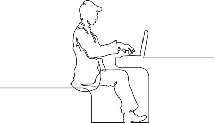 Continuous single line drawing A young man at a laptop. A programmer works online at a laptop.  Linear.One continuous line isolated minimalist illustration. Not AI.