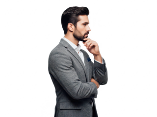 Thoughtful businessman in suit standing with hand on chin isolated on transparent background