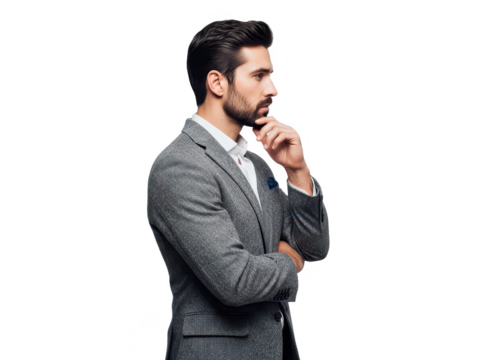 Thoughtful businessman in suit standing with hand on chin isolated on transparent background - Powered by Adobe