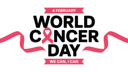 Fototapeta premium world cancer day awareness typography with pink ribbon symbol and we can i can message representing cancer prevention, hope, support, healthcare advocacy and global awareness