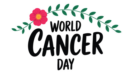 Fototapeta premium world cancer day decorative typography with floral wreath illustration symbolizing cancer awareness, hope, support, healthcare, solidarity and global health advocacy on white background