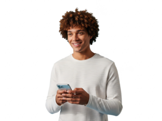 Young man with curly hair using smartphone isolated on transparent background