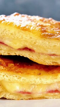 Ham and cheese grilled bread toast, croque monsieur , vertical video for social media