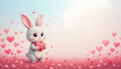 Obraz premium cute rabbit holding heart in pink flower field valentine character illustration