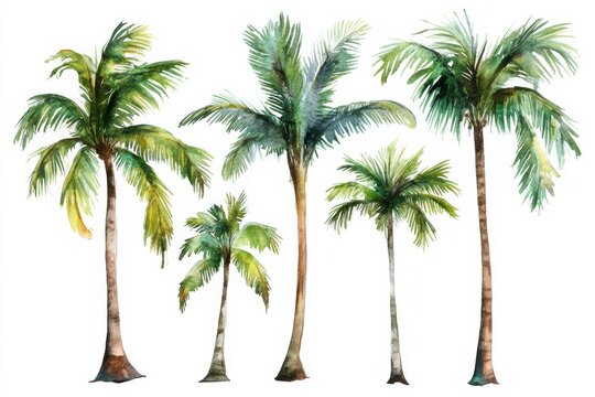 Collection of five hand drawn watercolor palm trees in a tropical setting showcasing details of each tree type