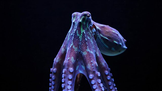 A vividly colored octopus with glowing blue suckers and intricate patterns