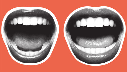 Set of retro halftone parts of body. Trendy halftone lips. Woman lips. Smile, happy, playful . Halftone collage elements. Vector illustration.