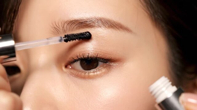 Close-up of an eye as a brush applies product to eyelashes