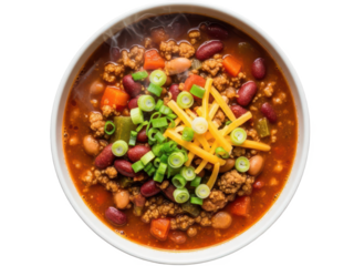 Delicious bowl of chili con carne with ground beef and vegetables isolated on transparent background