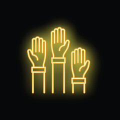Fototapeta premium Neon glowing icon of three hands voting raised up with a yellow glow
