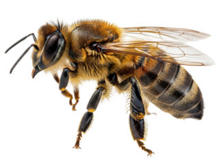 Close up of a honey bee in flight on transparent background