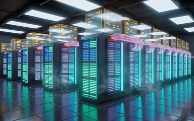 Rows of glowing servers in a futuristic data center with colorful lighting