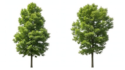 Two lush green trees with full canopies on a white background