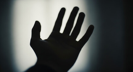 A silhouette of a hand, fingers spread, held up against a bright background, emphasizing shape and form with dramatic shadows