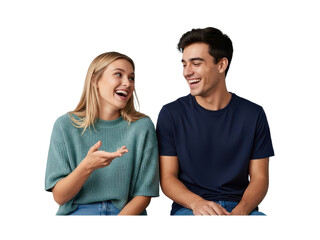 Fototapeta premium Young couple laughing and smiling together on transparent background