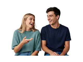 Young couple laughing and smiling together on transparent background