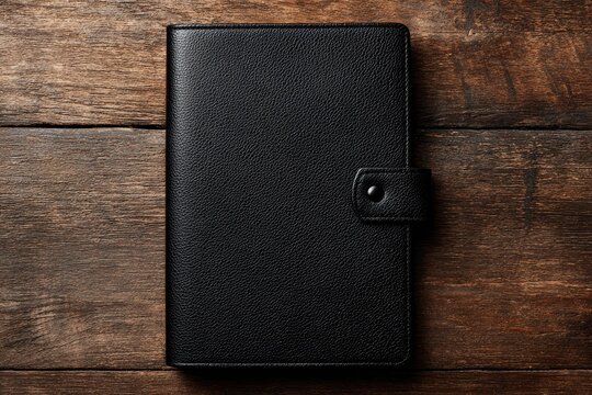 A close-up of a dark, leather-bound planner with a button clasp, resting on a wooden surface