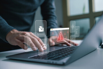 A professional man working on a laptop featuring a futuristic digital interface that displays a system warning alert, representing a complex AI and data error concept through critical error signs