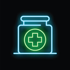 Obraz premium Glowing neon green medicine bottle with a bright cross on a black background