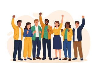 Fototapeta premium Diverse group of people with raised arms in celebration together