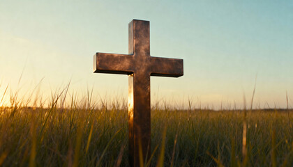Christian cross silhouette in a grass field at sunset. Religious metal crucifix symbol of faith and hope. Easter resurrection concept background with copy space
