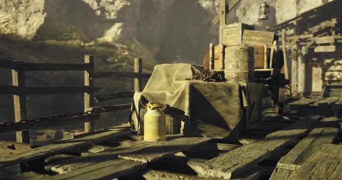 Rustic mining tools are scattered on a worn wooden dock in a canyon. An old cart is nearby, surrounded by rocky cliffs, showcasing a forgotten mining era under the warm sunlight.