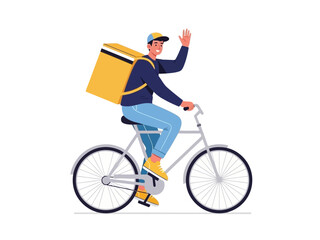 Obraz premium A delivery man riding a bicycle with a yellow bag on his back