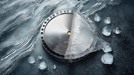 Frozen metal gear partially covered with cracked ice, cool metallic texture and scattered ice cubes evoke industrial cold atmosphere