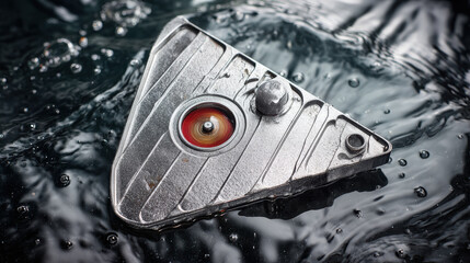 Metal triangle floating on dark water with reflection and droplet detail, moody macro shot with textured metal surface and red circular accent