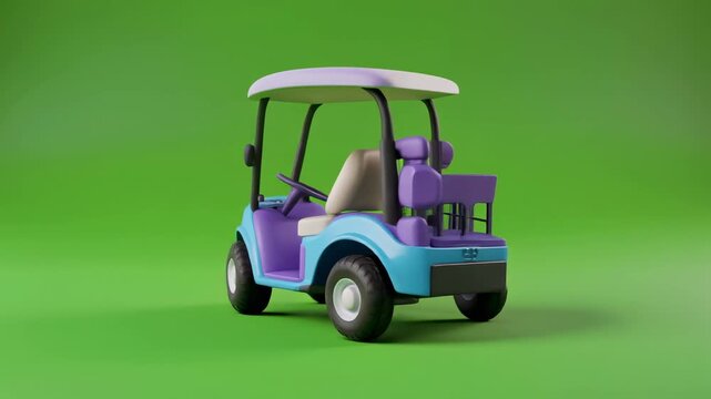 charming cartoon-style golf cart with a shiny blue body and purple accents, gently rotatin