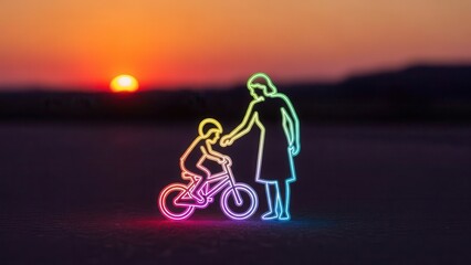Fototapeta premium A vibrant neon illustration of a child learning to cycle with a parent's gentle guidance under a