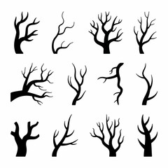 Bare Trees Silhouettes: A collection of various stylized silhouettes of bare trees, perfect for conveying a sense of starkness, winter, or natural design elements.